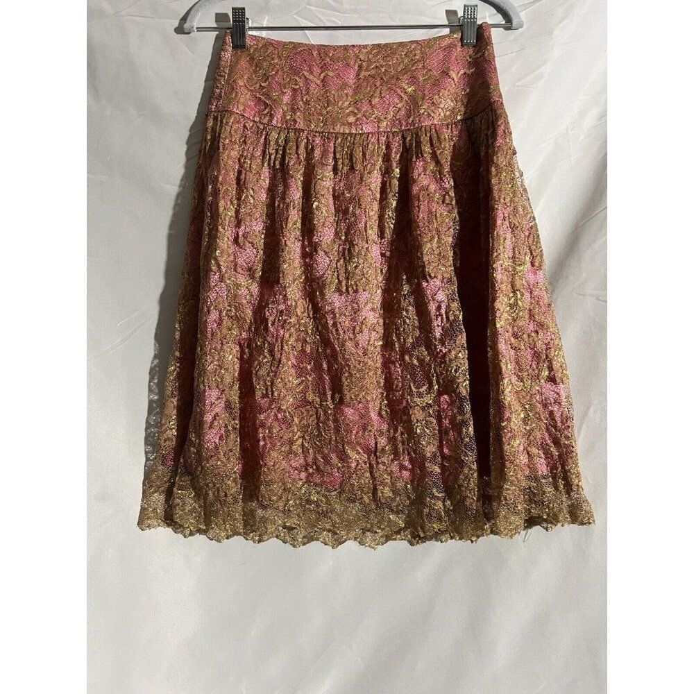 Trina Turk Skirt Women's 0 Pink Gold Metallic Lace Overlay Sequin Scalloped
